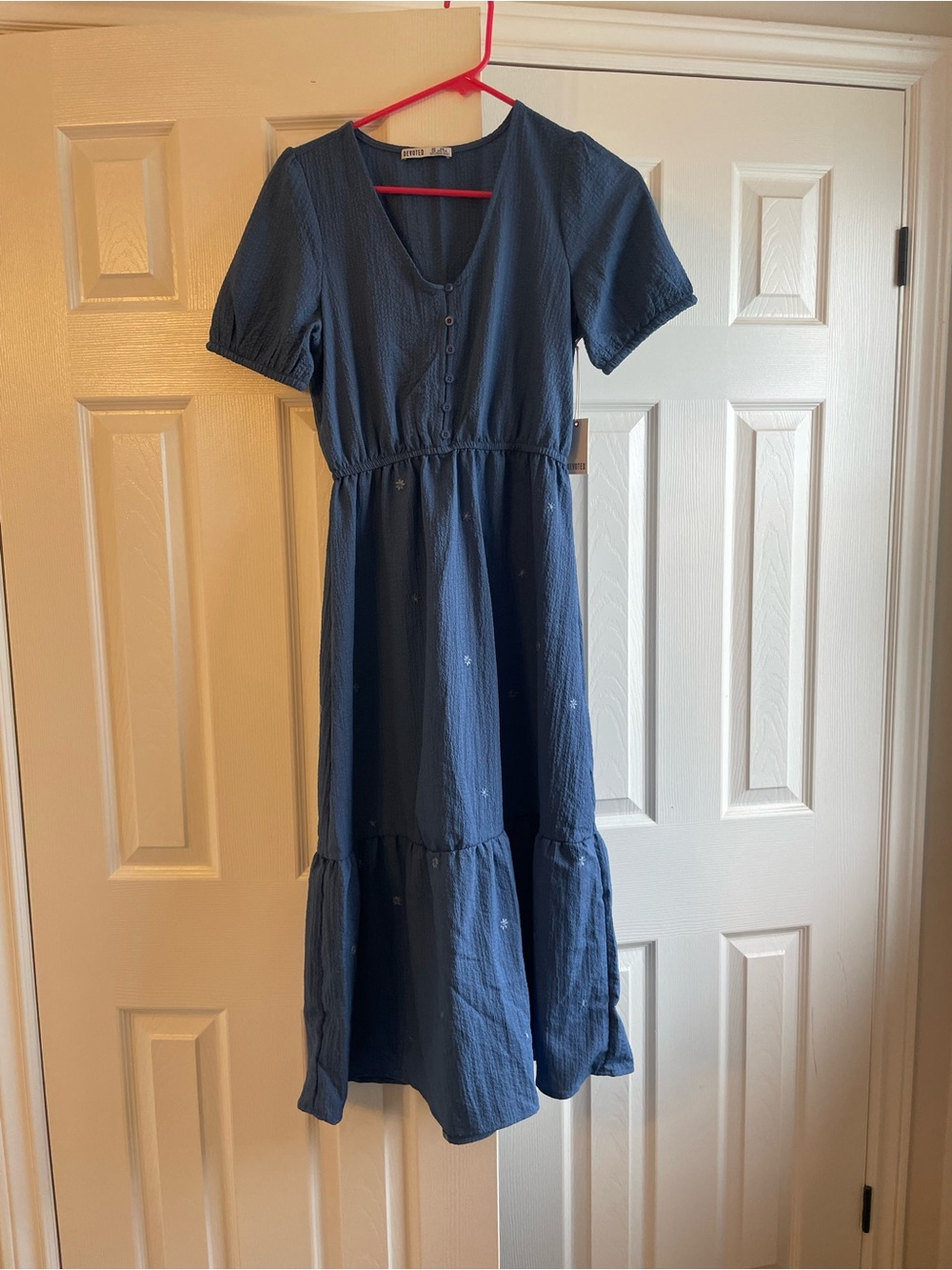 Blue Women’s Tiered Midi Dress with Button Bodice